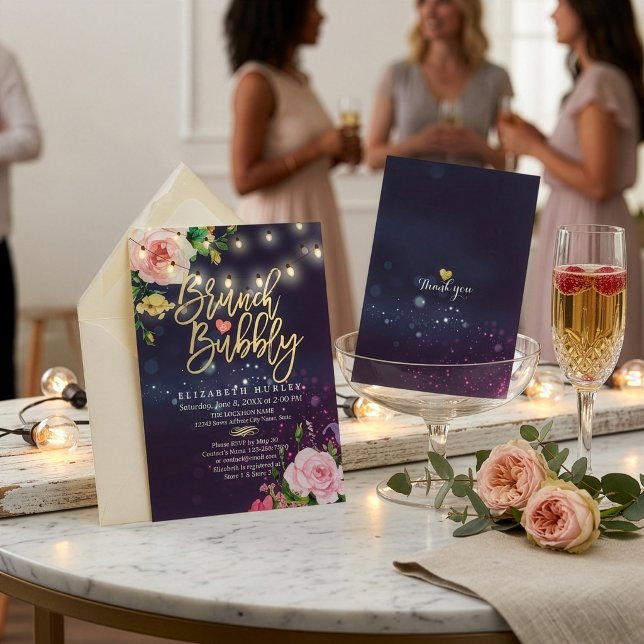 Brunch & Bubbly Bridal Shower Floral String Lights Invitation (Creator Uploaded)