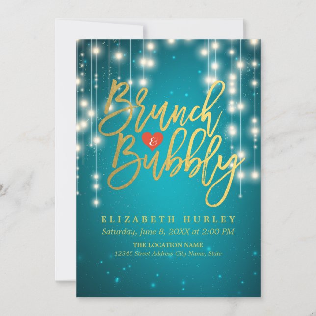 Brunch Bubbly Bridal Shower Gold Script Turquoise Invitation (Front)