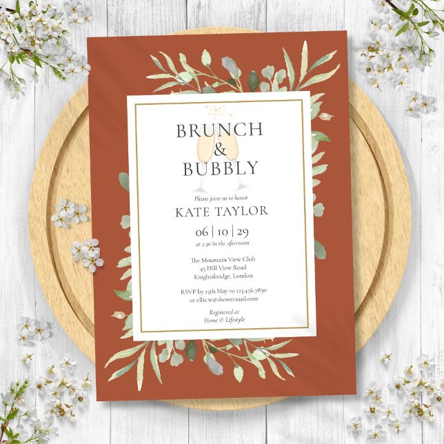 Brunch Bubbly Bridal Shower Greenery Terracotta Invitation (Brunch Bubbly Bridal Shower Greenery Terracotta Invitation)