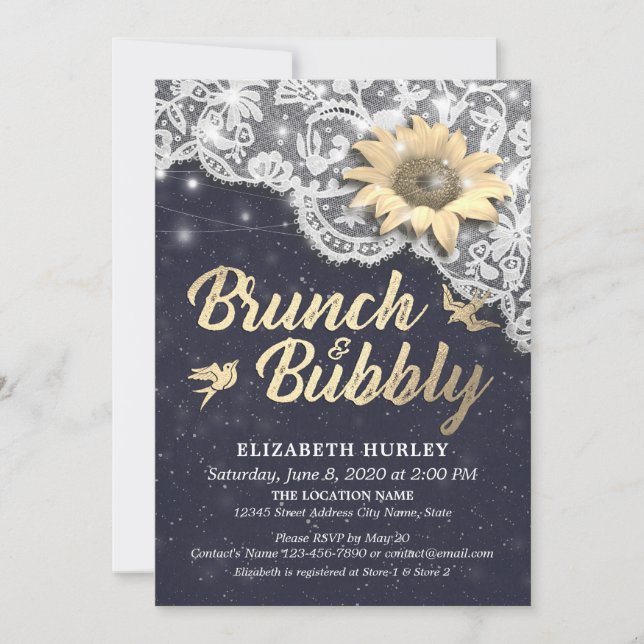 Brunch Bubbly Bridal Shower Lace Sunflower Lights Invitation (Front)