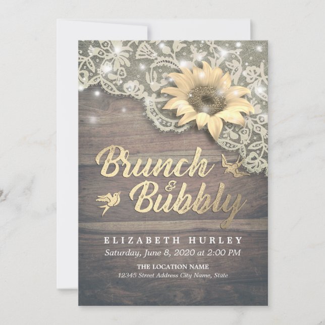 Brunch & Bubbly Bridal Shower Lace Sunflower Wood Invitation (Front)