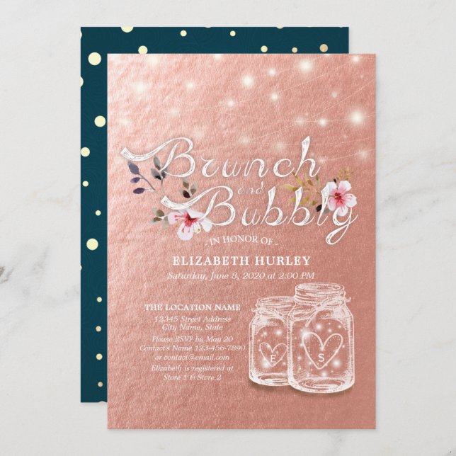 Brunch & Bubbly Bridal Shower Mason Jars Rose Gold Invitation (Front/Back)