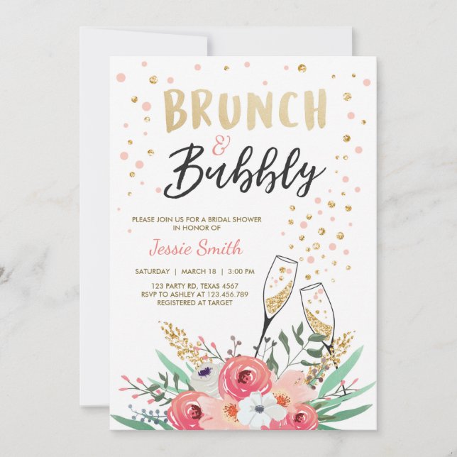 Brunch & Bubbly Bridal Shower Pink Gold Champagne Invitation (Front)