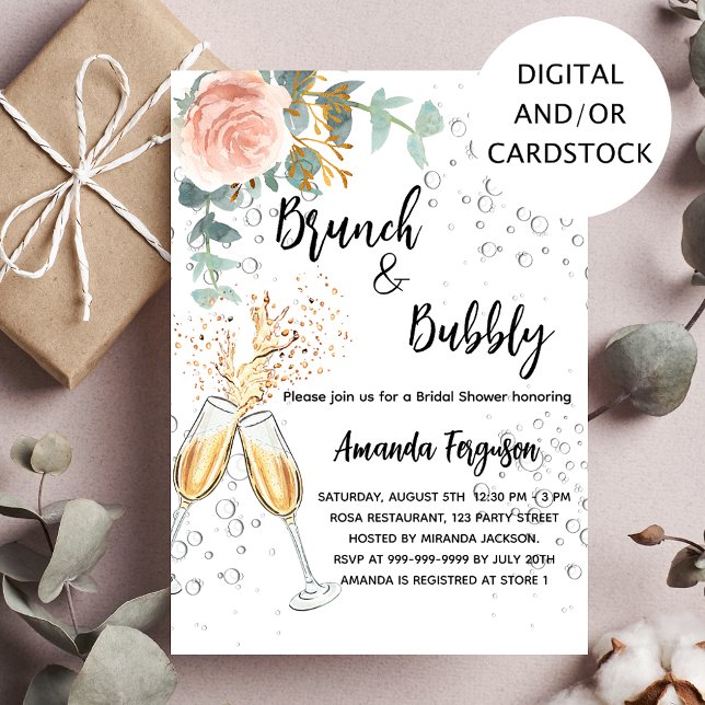 Brunch Bubbly Bridal Shower rose gold floral Invitation (Creator Uploaded)