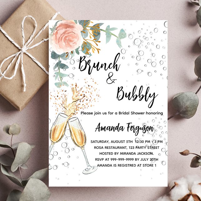 Brunch Bubbly Bridal Shower rose gold floral Invitation Postcard (Creator Uploaded)