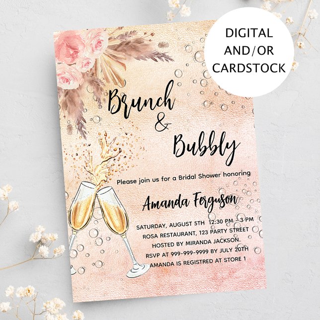Brunch Bubbly Bridal Shower rose pampas grass Invitation (Creator Uploaded)
