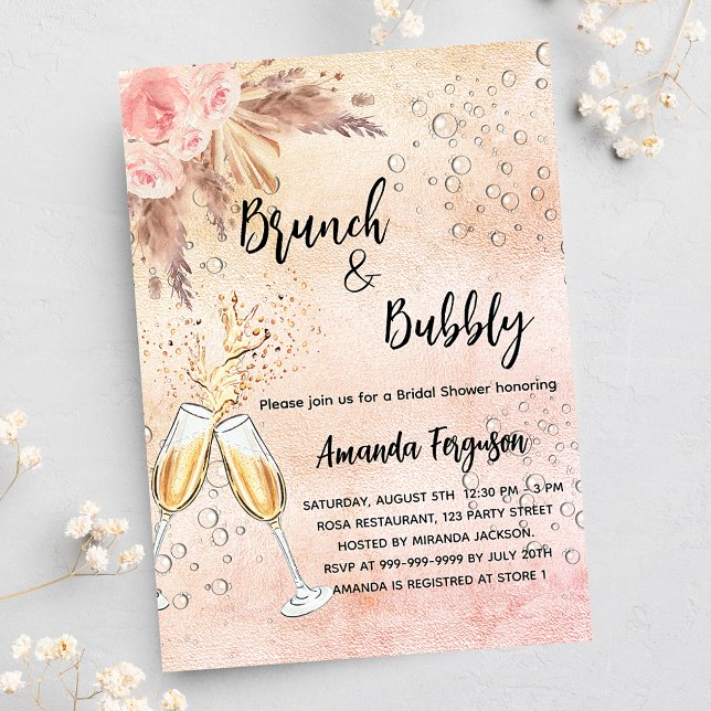 Brunch Bubbly Bridal Shower rose pampas grass Invitation Postcard (Creator Uploaded)