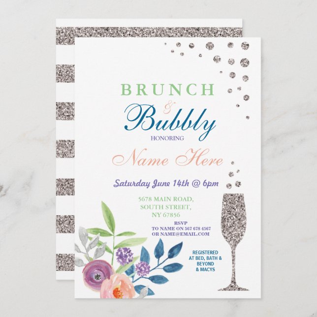 Brunch & Bubbly Bridal Shower Silver Floral Invite (Front/Back)