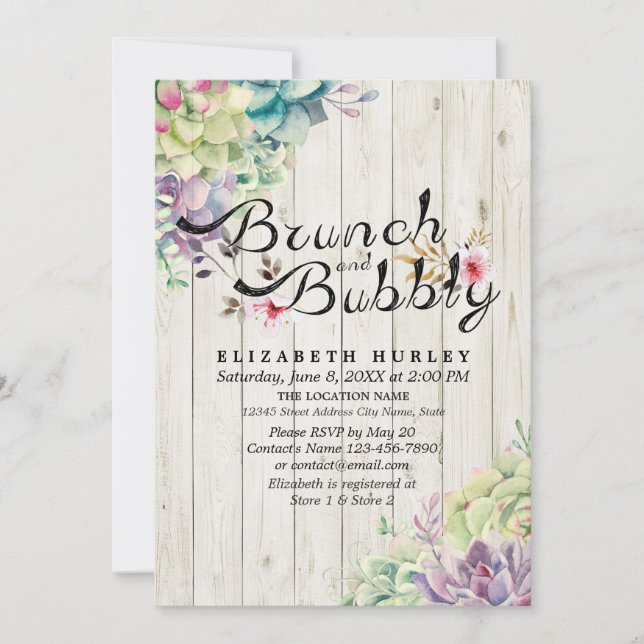 Brunch Bubbly Bridal Shower Succulent Rustic Wood Invitation (Front)