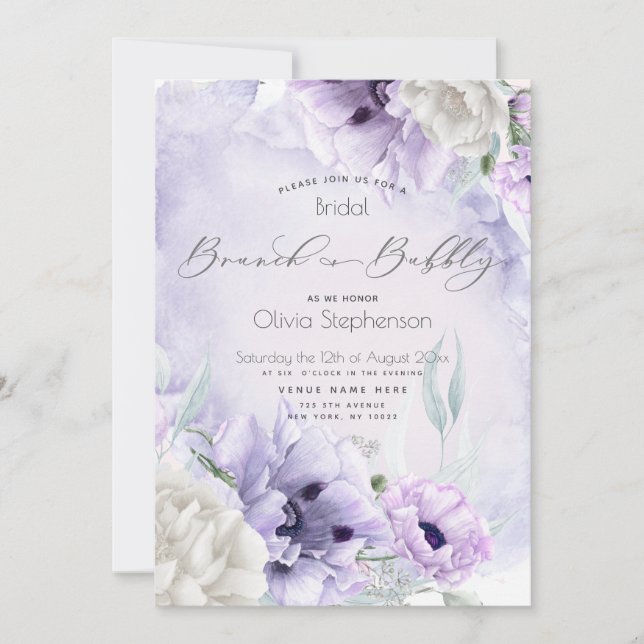 Brunch Bubbly Bridal Shower Watercolor Lilac Poppy Invitation (Front)