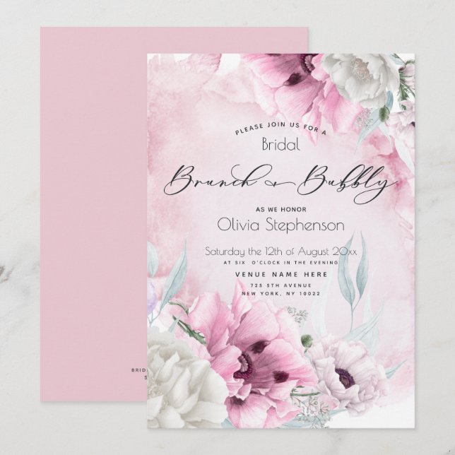 Brunch Bubbly Bridal Shower Watercolor Pink Poppy Invitation (Front/Back)