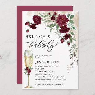 Brunch & Bubbly Burgundy Rose Vine, Bridal Shower Invitation