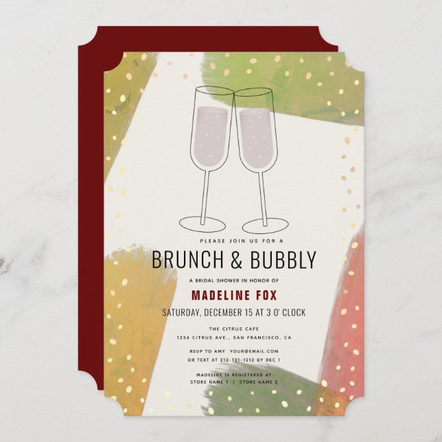 Brunch & Bubbly Champagne Burgundy Bridal Shower Invitation (Front/Back)