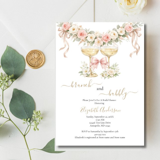 Brunch Bubbly Champagne Glass Pink Bridal Shower Invitation (Brunch Bubbly Pink Florals Champagne Glasses Bridal Shower Couples Shower Invitation. )