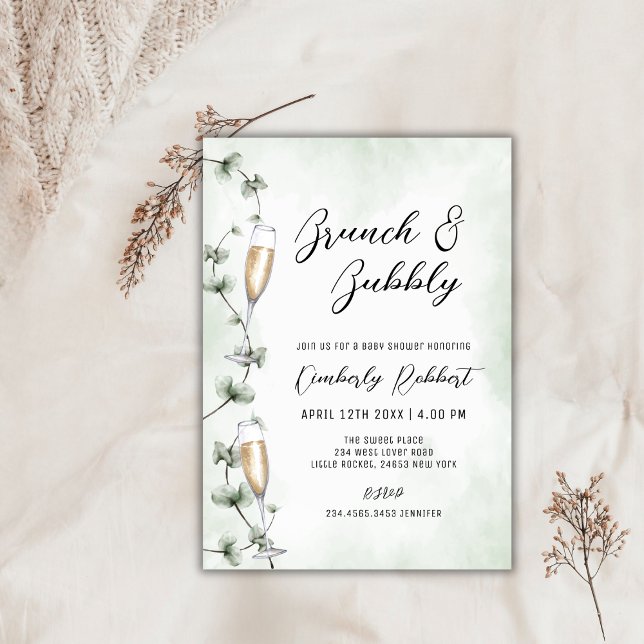 Brunch Bubbly Champagne Greenery Baby Shower Invitation (Brunch Bubbly Champagne Greenery Baby Shower Invitation)