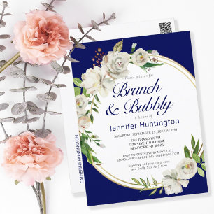Brunch & Bubbly Dark Blue Floral Bridal Shower Postcard
