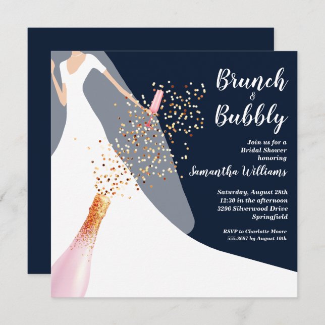Brunch Bubbly Dress Navy Bridal Shower Invitations (Front/Back)