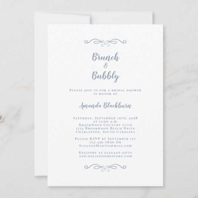 Brunch & Bubbly Elegant Dusty Blue Bridal Shower Invitation (Front)