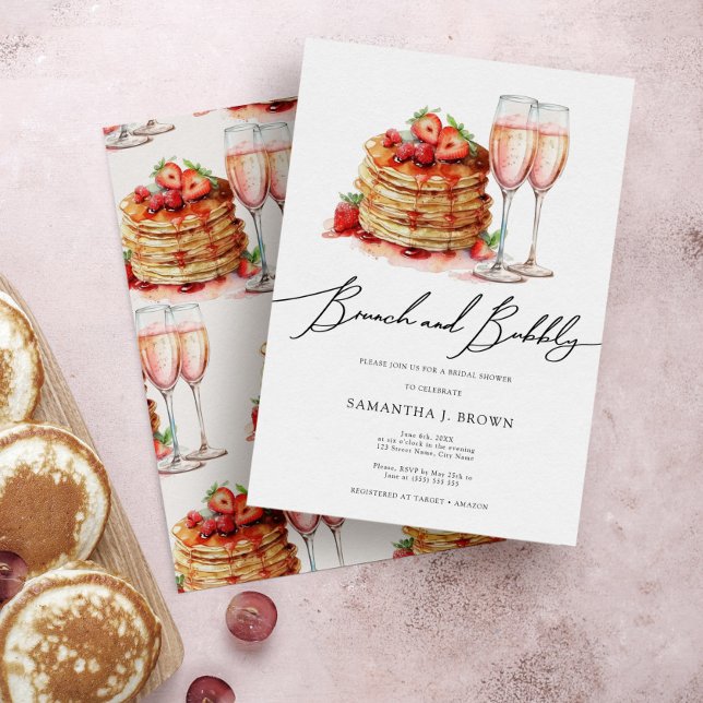 Brunch & Bubbly Elegant Pancake Pink Bridal Shower Invitation (Creator Uploaded)