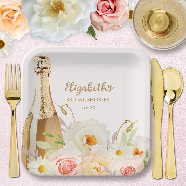 Brunch & Bubbly Floral Bridal Shower Paper Plate (Brunch & Bubbly garden floral bridal shower square paper plates - 2 sizes available)