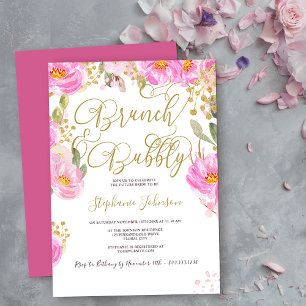 Brunch & Bubbly Floral Pink and Gold Bridal Shower Invitation