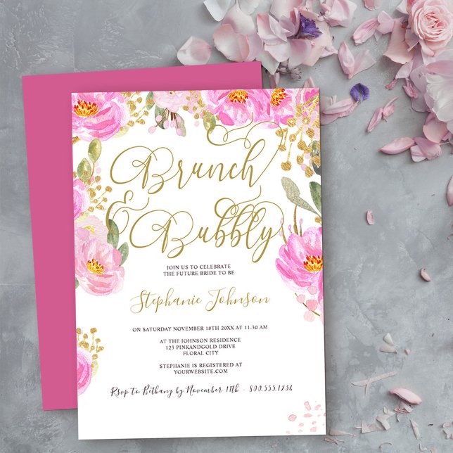 Brunch & Bubbly Floral Pink and Gold Bridal Shower Invitation (Bridal Shower brunch & bubbly invite from my Pink and Gold Watercolor Floral Collection
)
