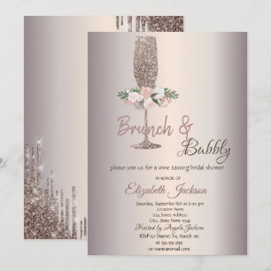  Brunch & Bubbly Flowers Rose Gold Bridal Shower  Invitation
