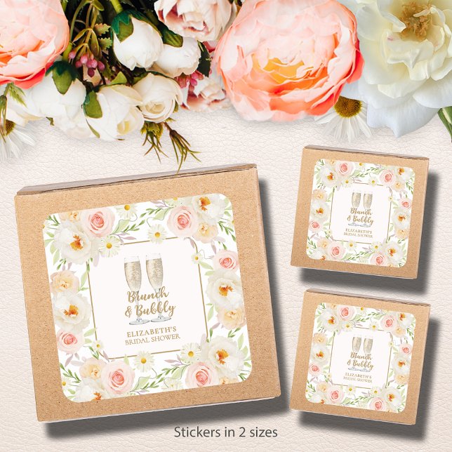 Brunch & Bubbly Garden Floral Bridal Shower Square Sticker (Brunch & Bubbly blush floral bridal shower square stickers - 3" and 1-1/2" )