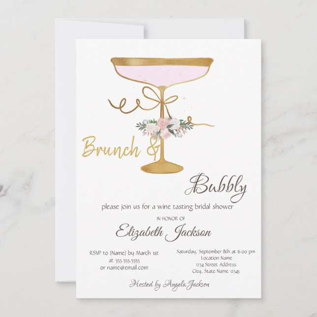 Brunch & Bubbly Glass,Glitter Bridal Shower  Invitation (Front)