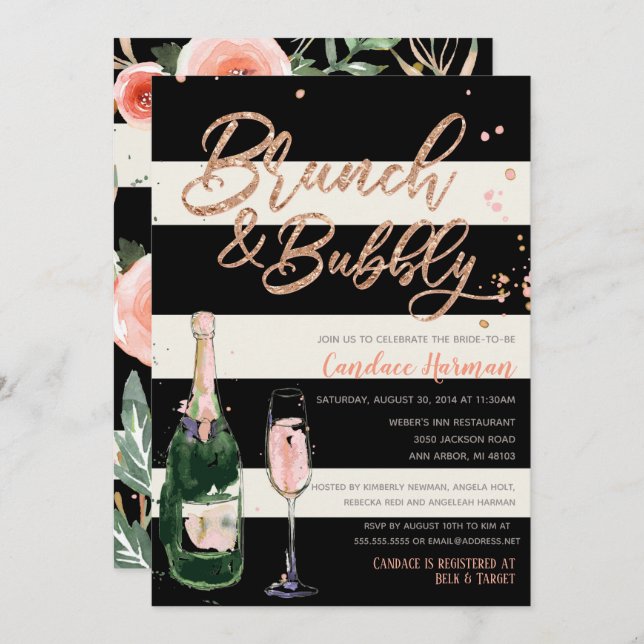 Brunch & Bubbly Glitter Black Stripe Bridal Shower Invitation (Front/Back)