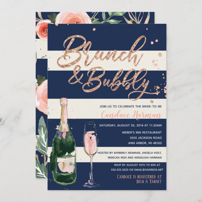 Brunch & Bubbly Glitter Rose Navy Bridal Shower Invitation (Front/Back)