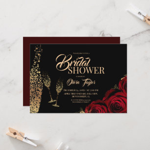 Brunch & Bubbly Gold Burgundy Roses Bridal Shower Invitation