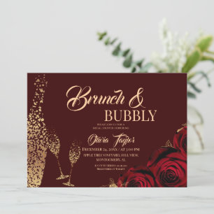 Brunch & Bubbly Gold Burgundy Roses Bridal Shower Invitation