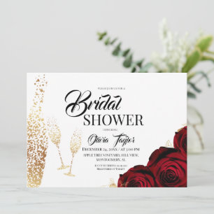 Brunch & Bubbly Gold Burgundy Roses Bridal Shower Invitation