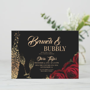 Brunch & Bubbly Gold Burgundy Roses Bridal Shower Invitation