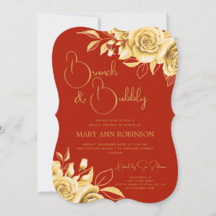 BRUNCH & BUBBLY Gold Floral Bridal Shower Red Invitation