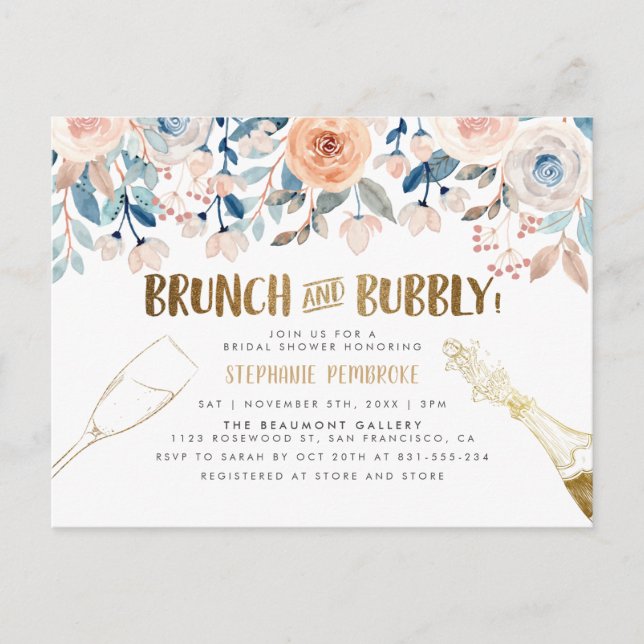 Brunch & Bubbly | Gold & Watercolor Bridal Shower Invitation Postcard (Front)