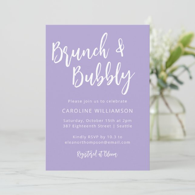 Brunch Bubbly Lavender Bridal Shower Modern Script Invitation (Standing Front)