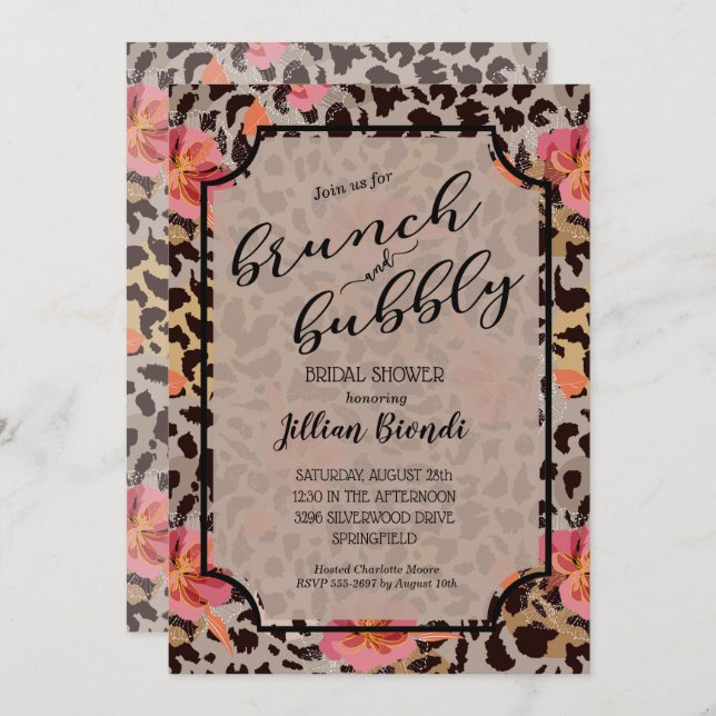 Brunch Bubbly Leopard Bridal Shower Invitations (Front/Back)