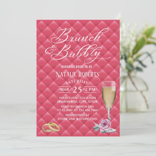 Brunch & Bubbly Luxury Pink Quilted Bridal Shower Invitation (Standing Front)