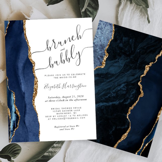Brunch & Bubbly Navy Blue Gold Agate Bridal Shower Invitation (Creator Uploaded)
