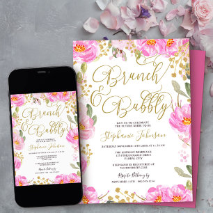 Brunch & Bubbly Pink and Gold Floral Bridal Shower Invitation