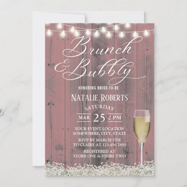 Brunch & Bubbly Pink Barn Wood Bridal Shower Invitation (Front)