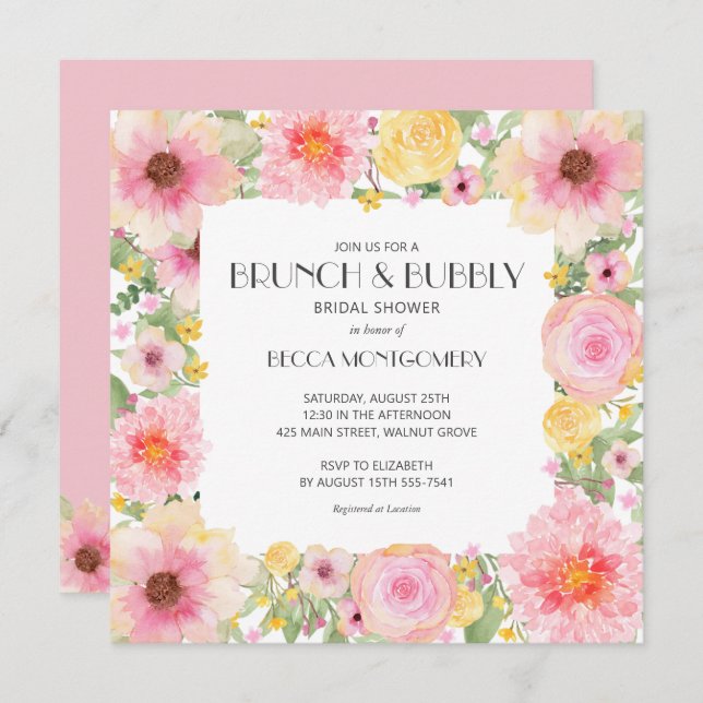 Brunch Bubbly Pink Floral Bridal Shower Invitation (Front/Back)
