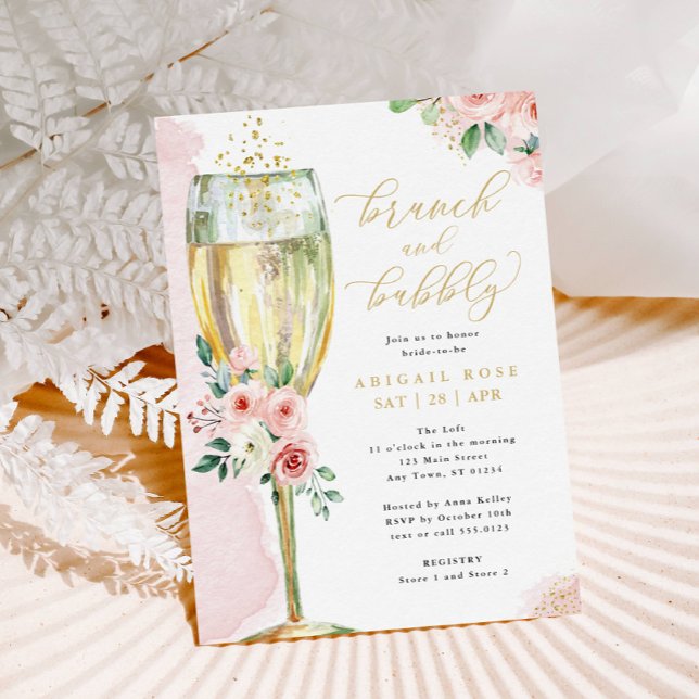 Brunch & Bubbly Pink Gold Floral Bridal Shower Invitation (Creator Uploaded)