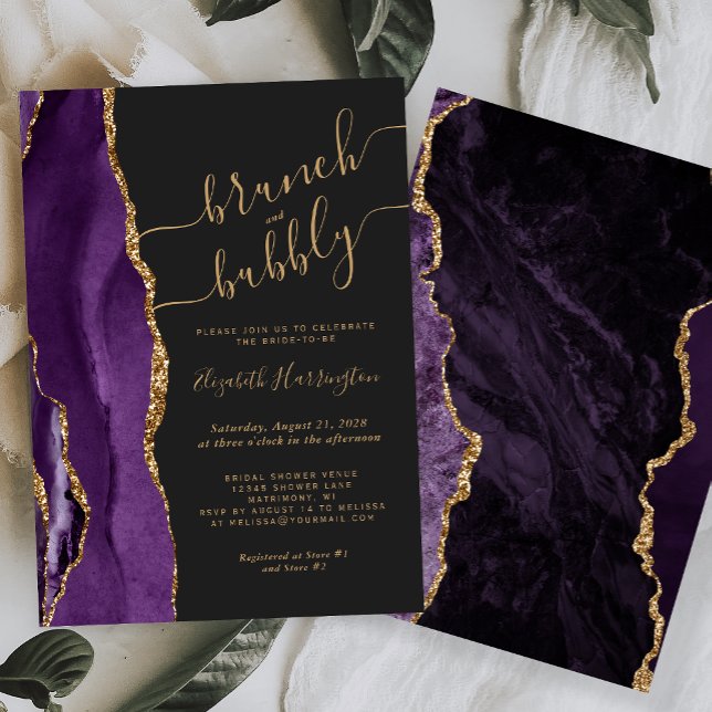 Brunch & Bubbly Purple Gold Agate Dark  Invitation (Creator Uploaded)