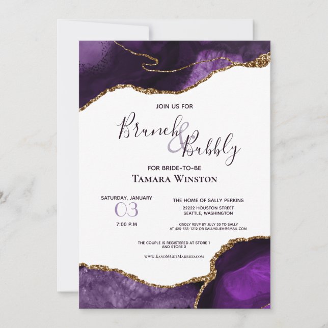 Brunch Bubbly Purple Gold Glitter Agate Shower Invitation (Front)