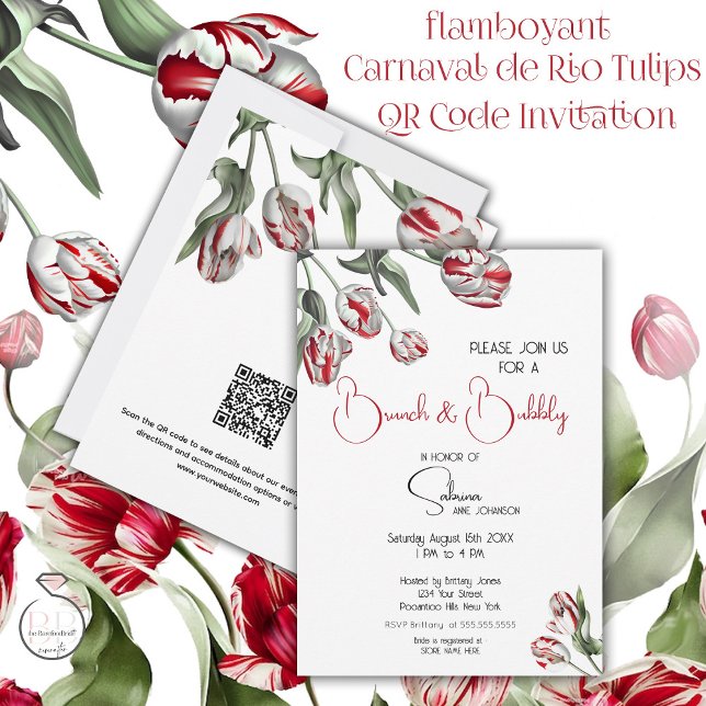 Brunch & Bubbly  | Red & White Rembrandt Tulips Invitation (Stunning Red and White Carnaval de Rio Tulips Brunch and Bubbly with QR code for further information)