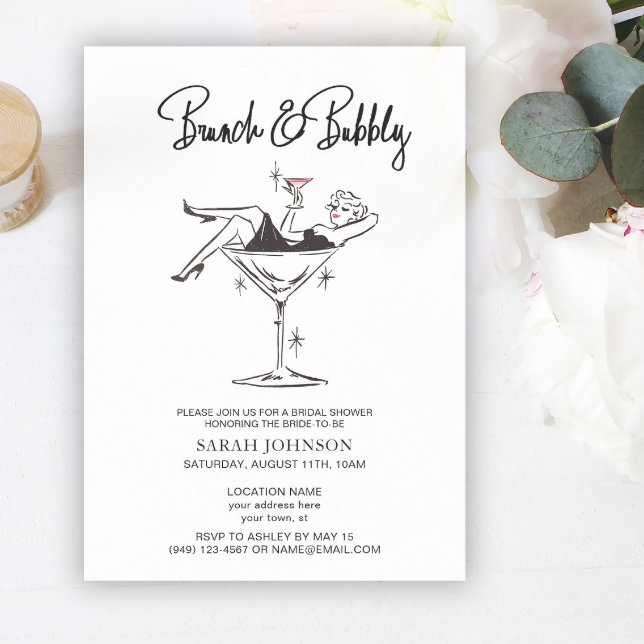 Brunch & Bubbly Retro Pink Champagne Bridal Shower Invitation (Creator Uploaded)