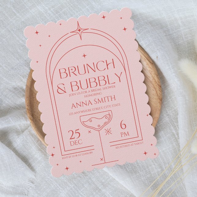 Brunch & Bubbly Retro Pink Red Bridal Shower Invitation (Brunch & Bubbly, Retro Pink and Red Wavy Bridal Shower Invitation)